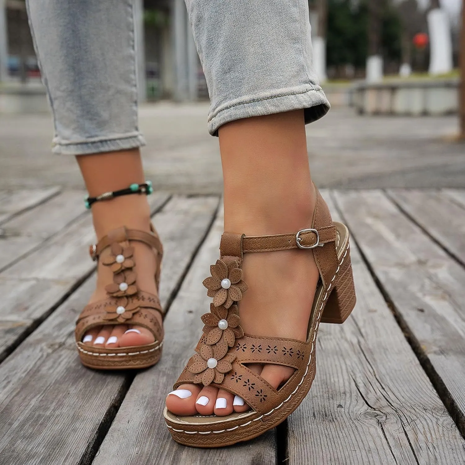 Eduavar Sandals for Women 2025 Fashion Flower Open Toe Dress Pump Shoes Fashion Block Heel Strappy Buckle Heeled Sandals