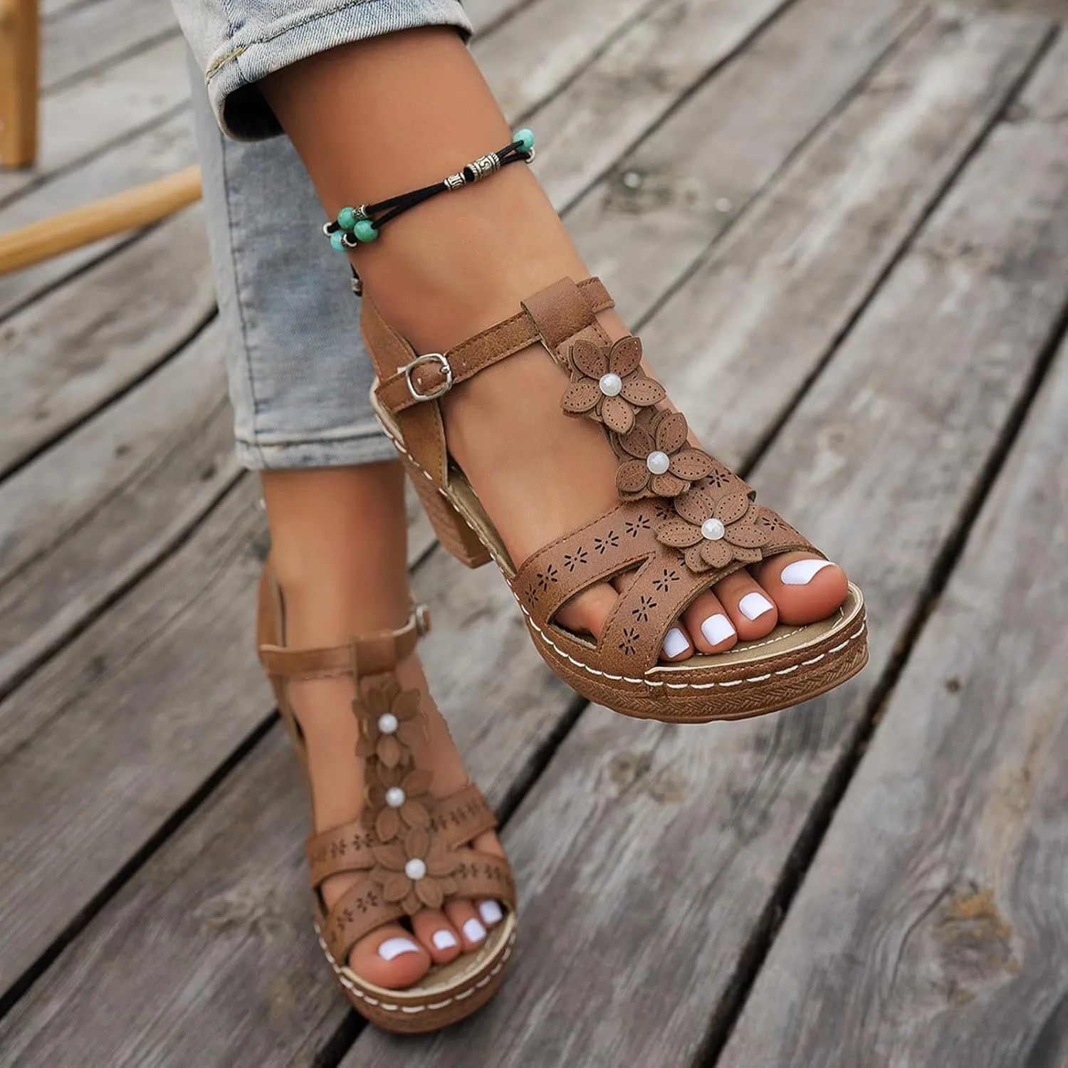 Eduavar Sandals for Women 2025 Fashion Flower Open Toe Dress Pump Shoes Fashion Block Heel Strappy Buckle Heeled Sandals