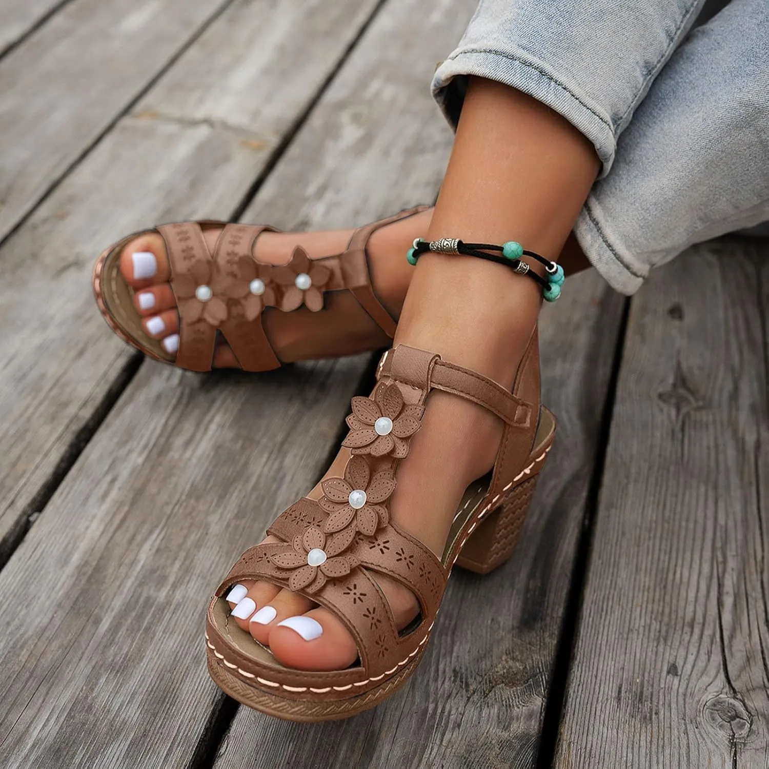 Eduavar Sandals for Women 2025 Fashion Flower Open Toe Dress Pump Shoes Fashion Block Heel Strappy Buckle Heeled Sandals