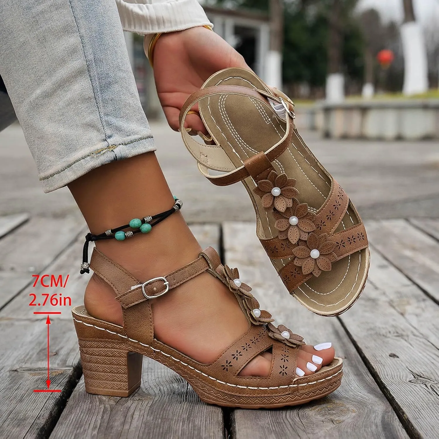 Eduavar Sandals for Women 2025 Fashion Flower Open Toe Dress Pump Shoes Fashion Block Heel Strappy Buckle Heeled Sandals