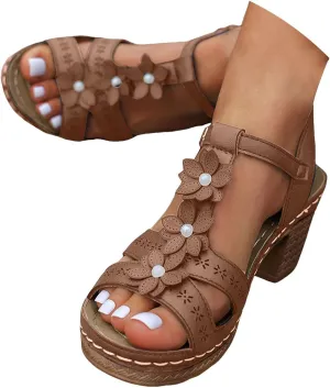 Eduavar Sandals for Women 2025 Fashion Flower Open Toe Dress Pump Shoes Fashion Block Heel Strappy Buckle Heeled Sandals