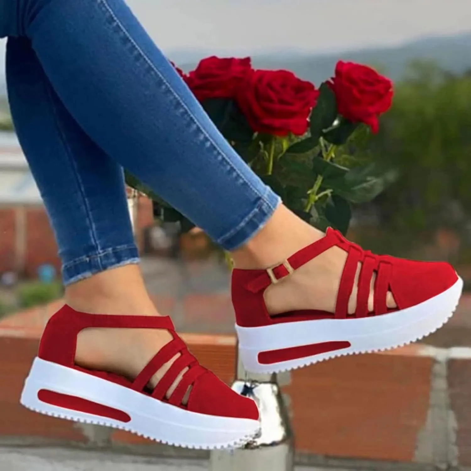 Eduavar Sandals Women Comfortable, Sandals Women Dressy Summer Wedge Platforms Sandals Ankle Strap Buckle Sandals