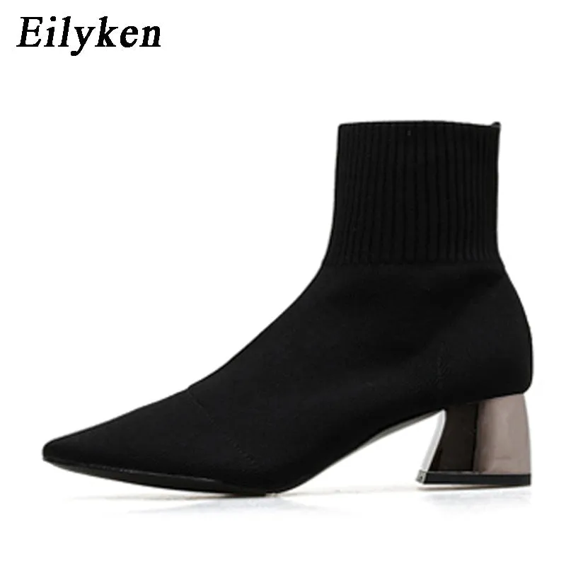EilyKen 2022 Autumn Winter Knitted Stretch Fabric Socks Women Boots Low Heel Short Boots Gray Pointed Toe Female Ankle Booties