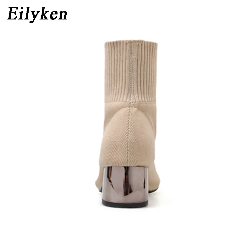 EilyKen 2022 Autumn Winter Knitted Stretch Fabric Socks Women Boots Low Heel Short Boots Gray Pointed Toe Female Ankle Booties