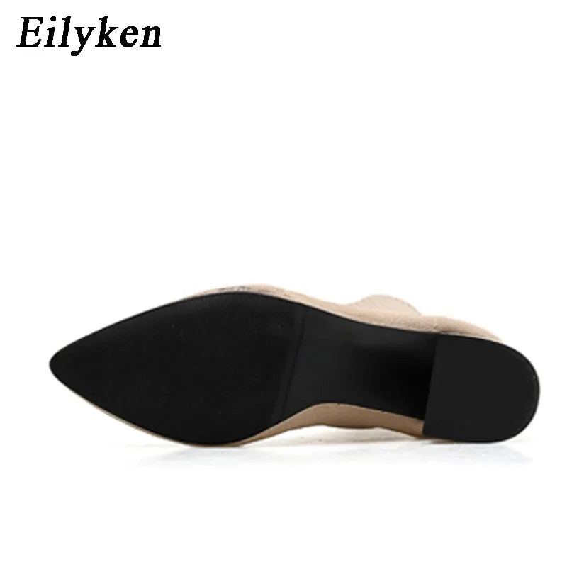 EilyKen 2022 Autumn Winter Knitted Stretch Fabric Socks Women Boots Low Heel Short Boots Gray Pointed Toe Female Ankle Booties