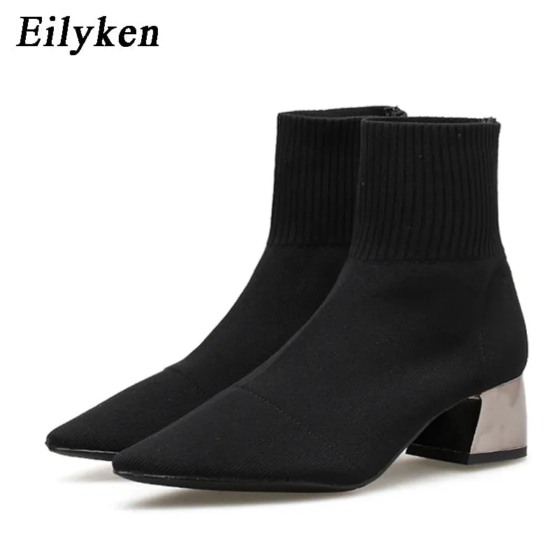 EilyKen 2022 Autumn Winter Knitted Stretch Fabric Socks Women Boots Low Heel Short Boots Gray Pointed Toe Female Ankle Booties