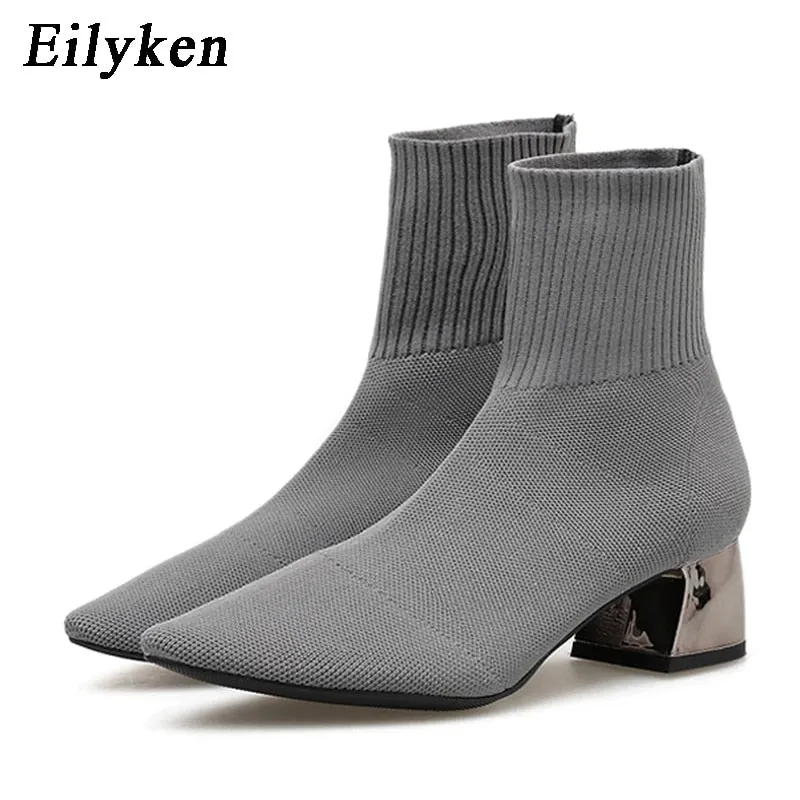 EilyKen 2022 Autumn Winter Knitted Stretch Fabric Socks Women Boots Low Heel Short Boots Gray Pointed Toe Female Ankle Booties