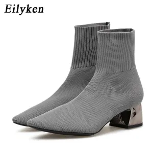 EilyKen 2022 Autumn Winter Knitted Stretch Fabric Socks Women Boots Low Heel Short Boots Gray Pointed Toe Female Ankle Booties