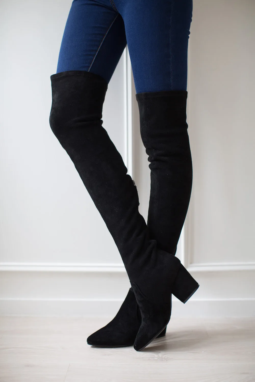'Ellis' Black Classic Over The Knee Suede Leather Boots