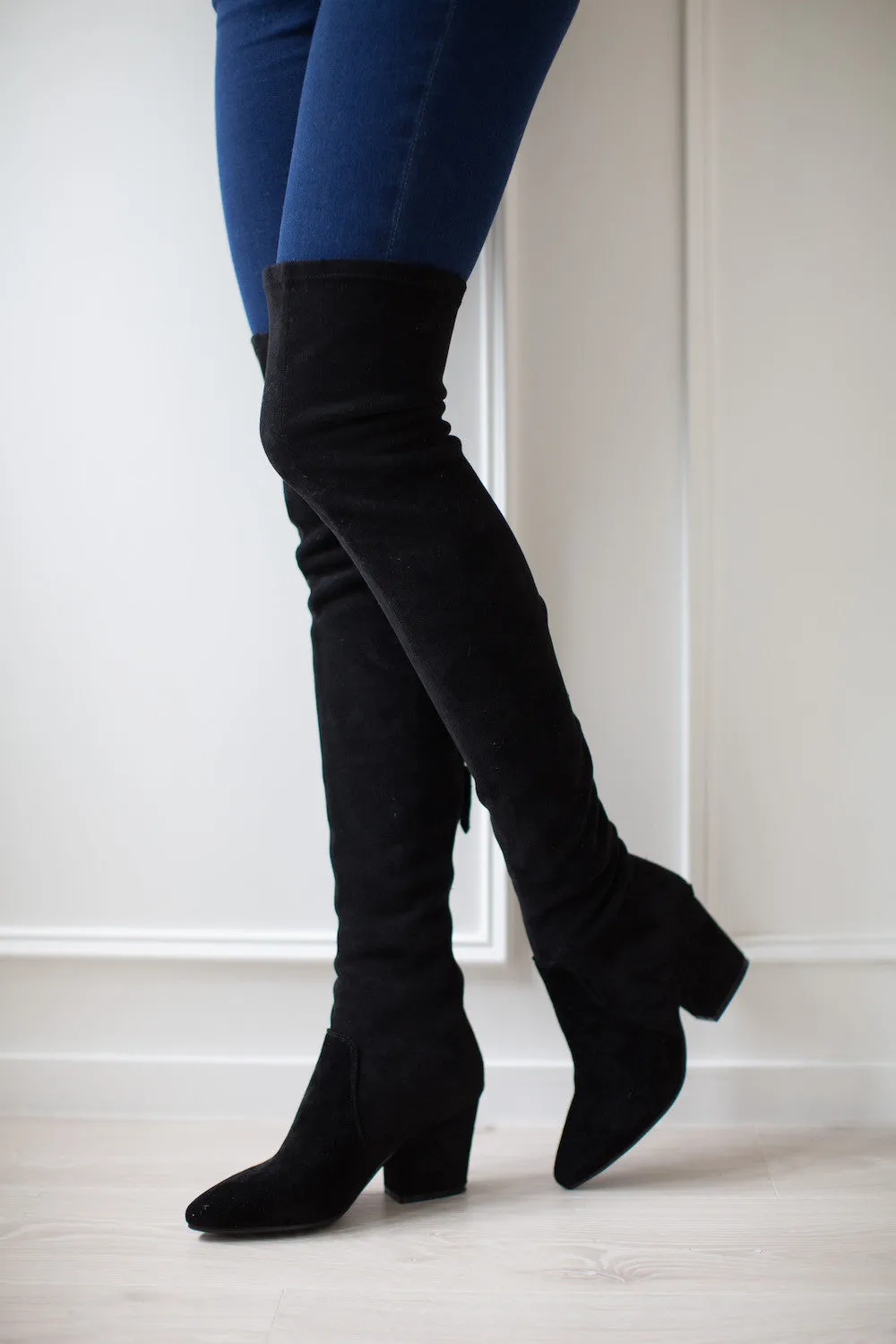'Ellis' Black Classic Over The Knee Suede Leather Boots