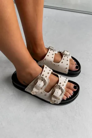 ESME Chunky Studded Western Buckle Sandals - Beige