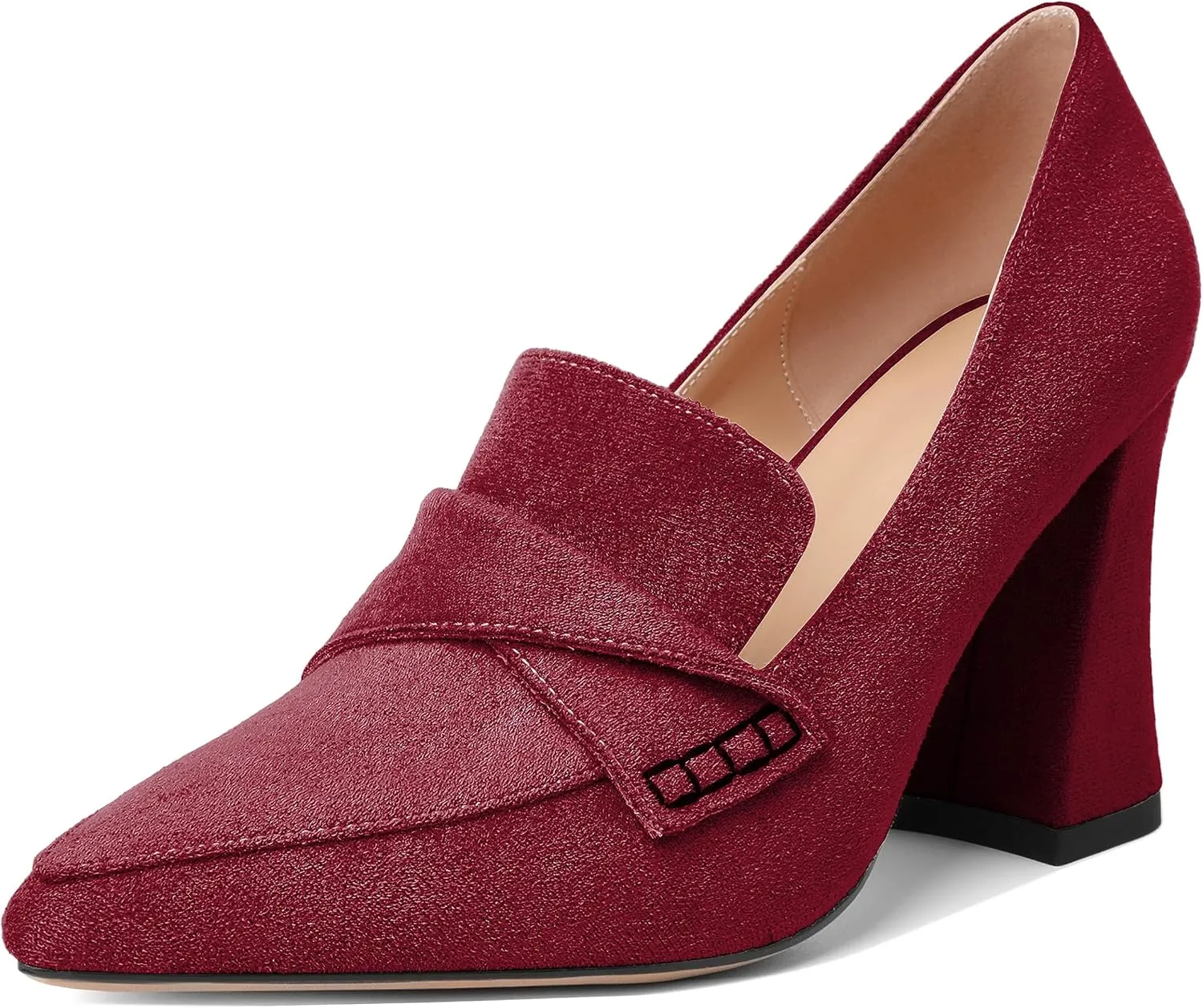 Esvowido Women's High Heel Loafers Block Chunky Heels Slip on Pumps Closed Pointed Toe Comfortable Dress Shoes for Work Office 3.5 Inch