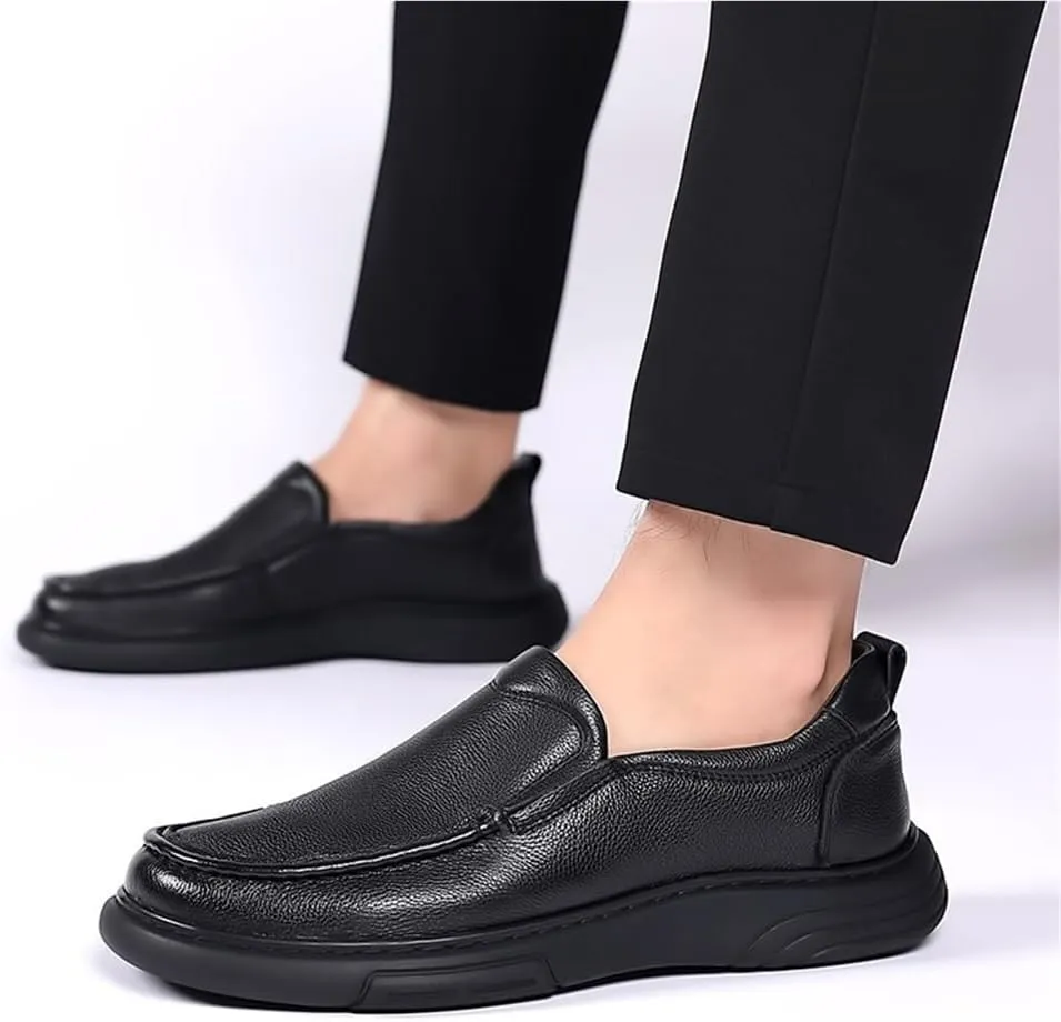 Fashion Loafers for Mens Suede Vamp Office Round Toe Solid Color Anti-Slip Rubber Sole Slip Resistant Block Heel Slip-on