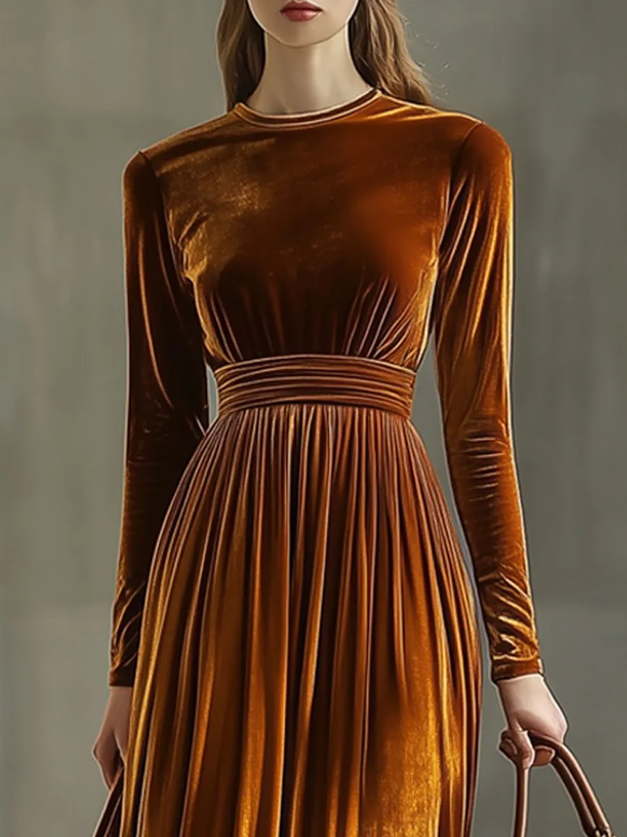 Fashion Loose Round Neck Solid Color Velvet Long Sleeve Maxi Dress