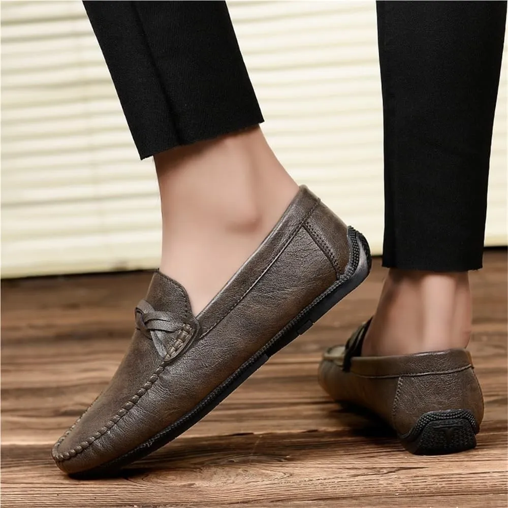 Fashion Mens Loafers Pu Leather Moccasins Shoe Solid Color Slip Resistant Block Heel Anti-Slip Rubber Sole Party Slip On