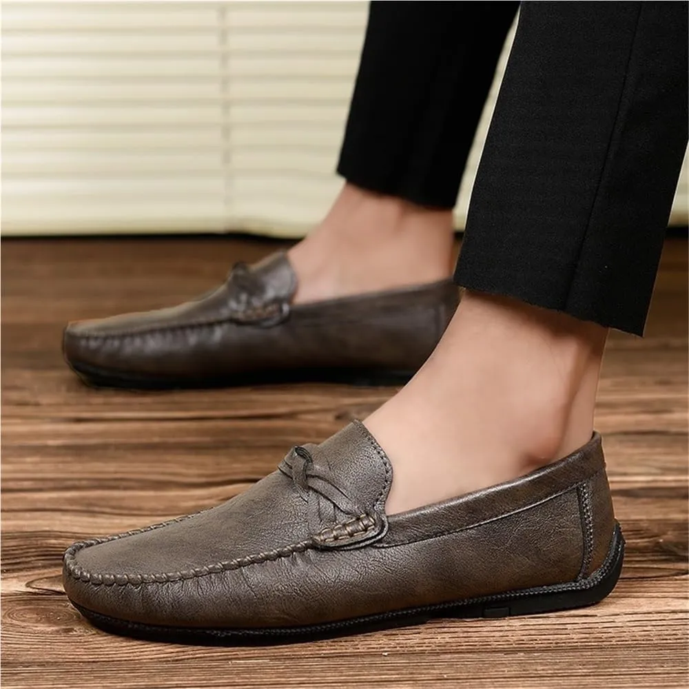 Fashion Mens Loafers Pu Leather Moccasins Shoe Solid Color Slip Resistant Block Heel Anti-Slip Rubber Sole Party Slip On