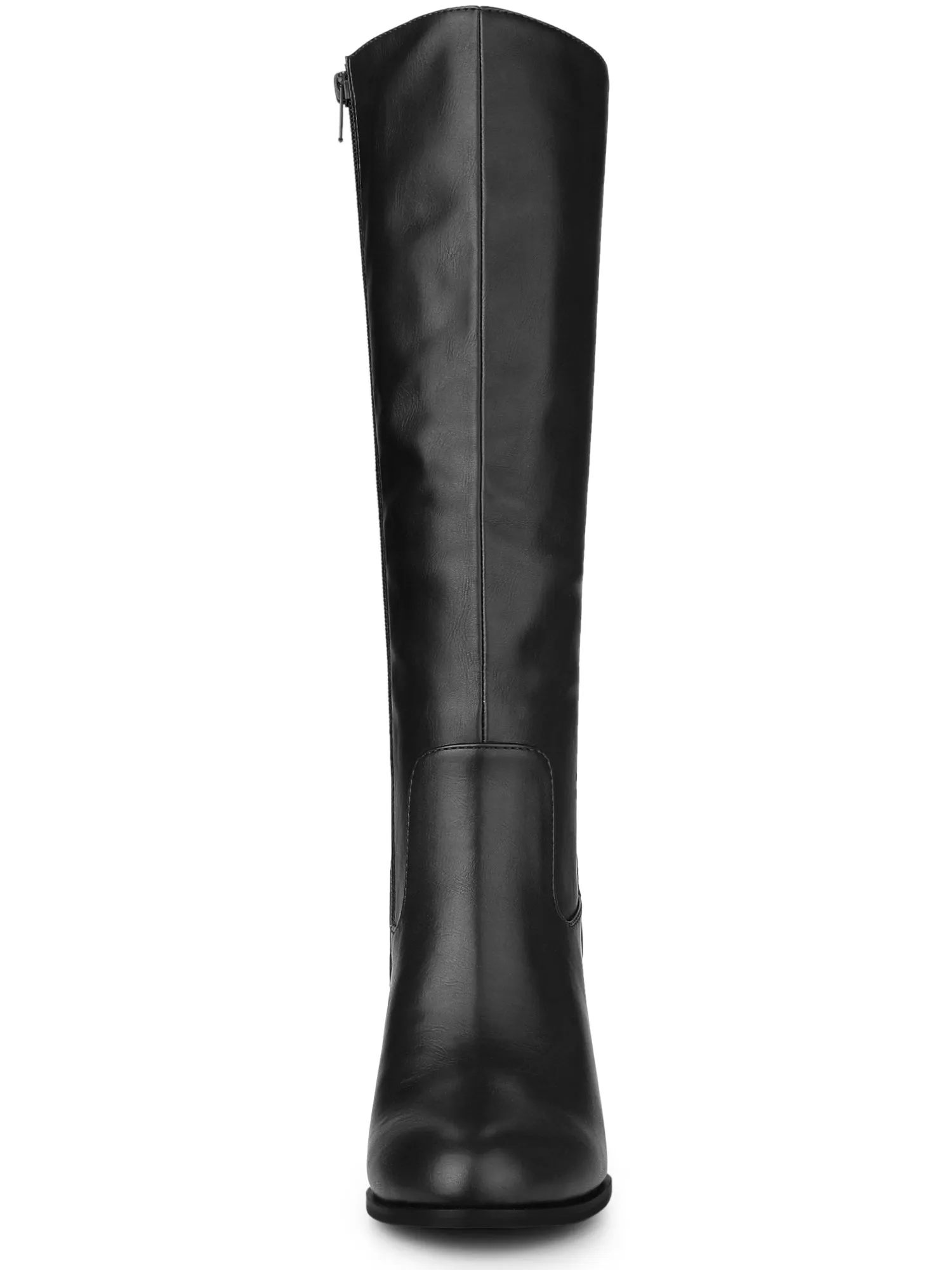 Faux Leather Round Toe Block Heel Knee High Boots