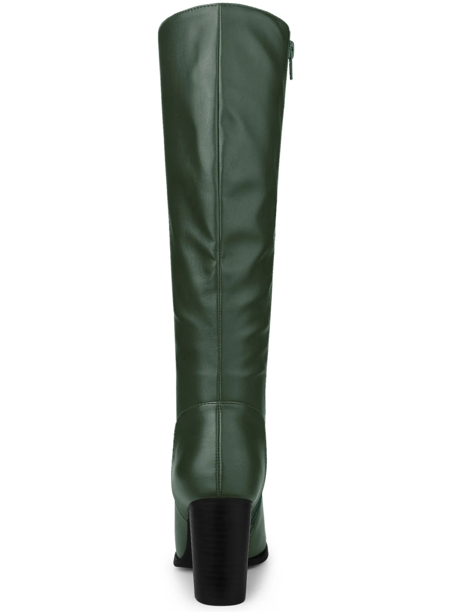 Faux Leather Round Toe Block Heel Knee High Boots