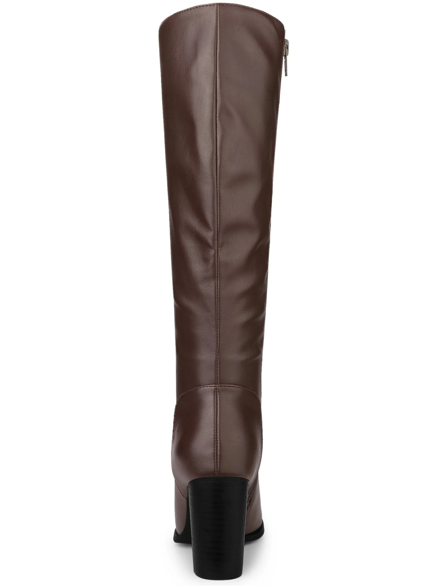 Faux Leather Round Toe Block Heel Knee High Boots