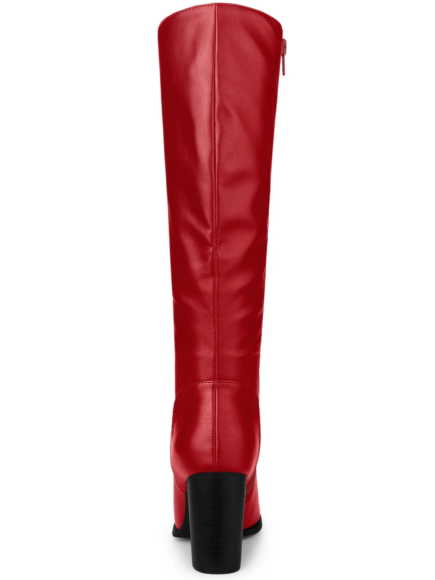 Faux Leather Round Toe Block Heel Knee High Boots