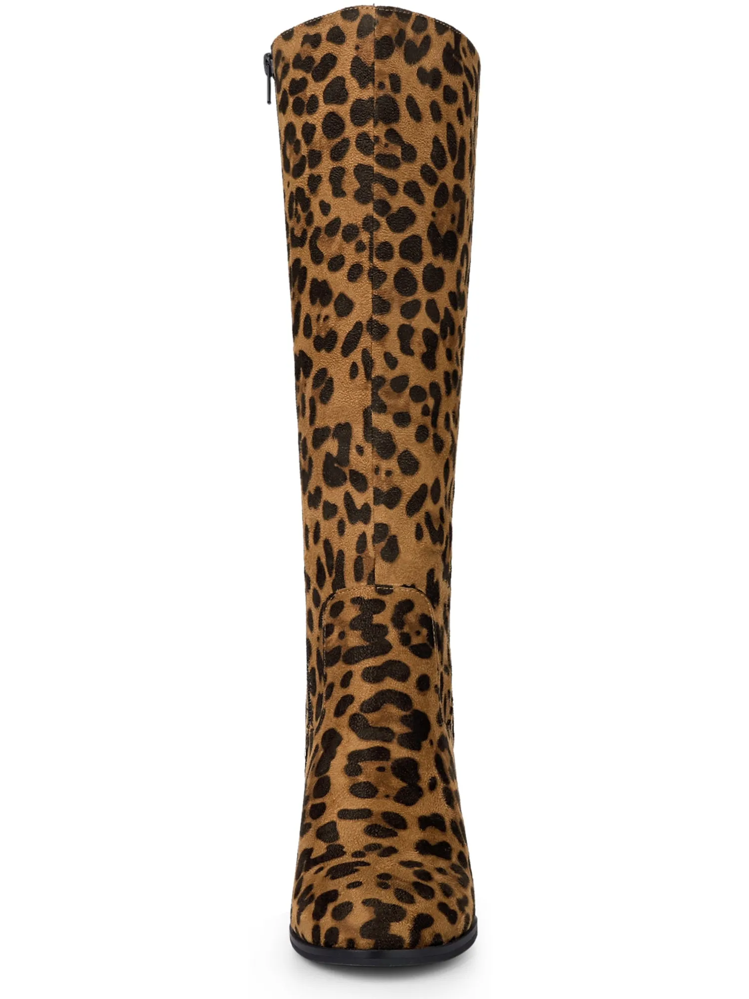 Faux Leather Round Toe Block Heel Knee High Boots