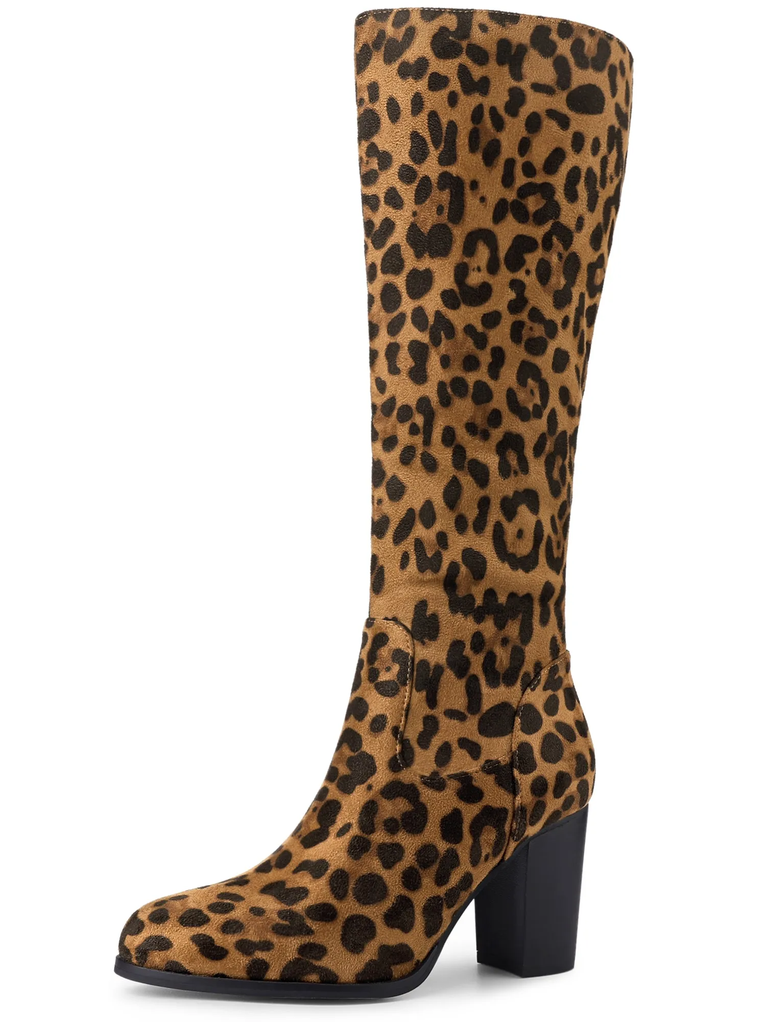 Faux Leather Round Toe Block Heel Knee High Boots
