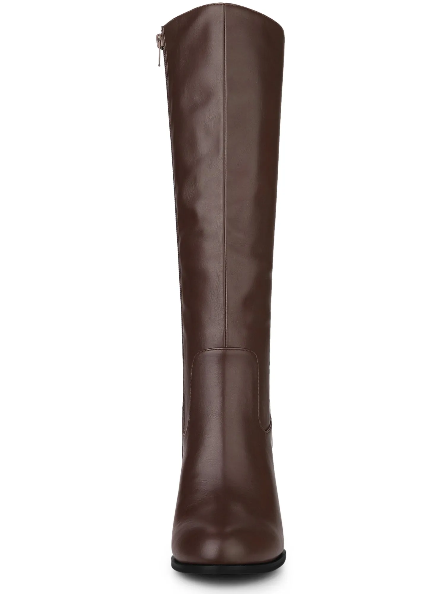 Faux Leather Round Toe Block Heel Knee High Boots