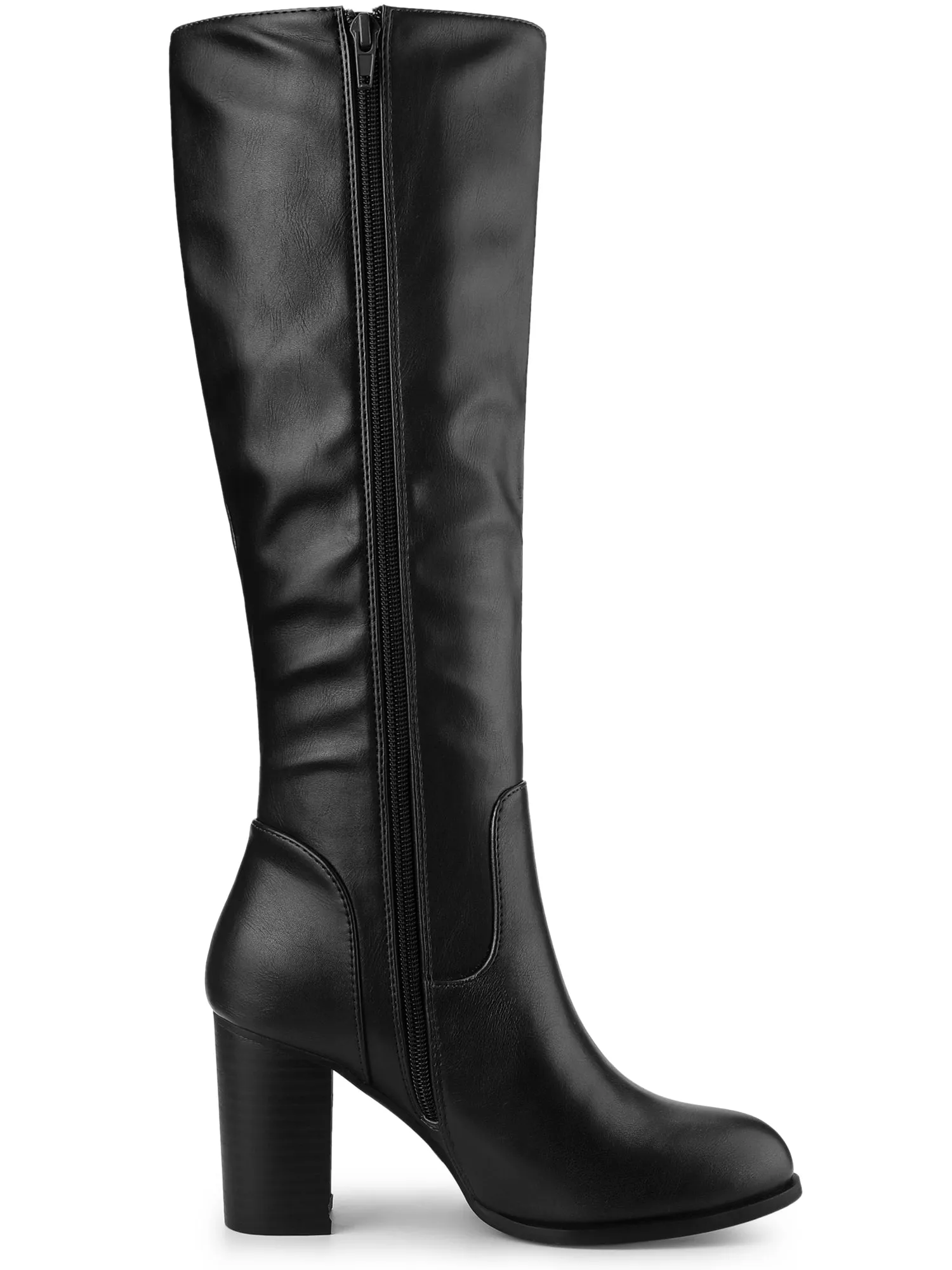 Faux Leather Round Toe Block Heel Knee High Boots