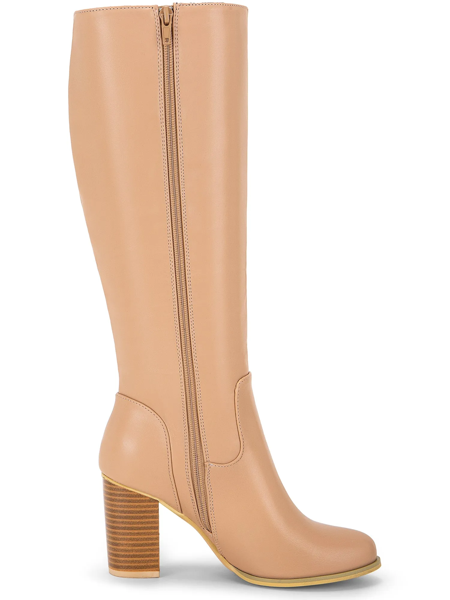 Faux Leather Round Toe Block Heel Knee High Boots