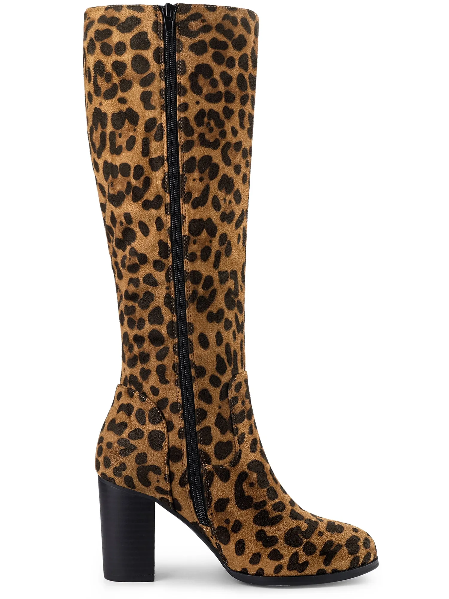 Faux Leather Round Toe Block Heel Knee High Boots