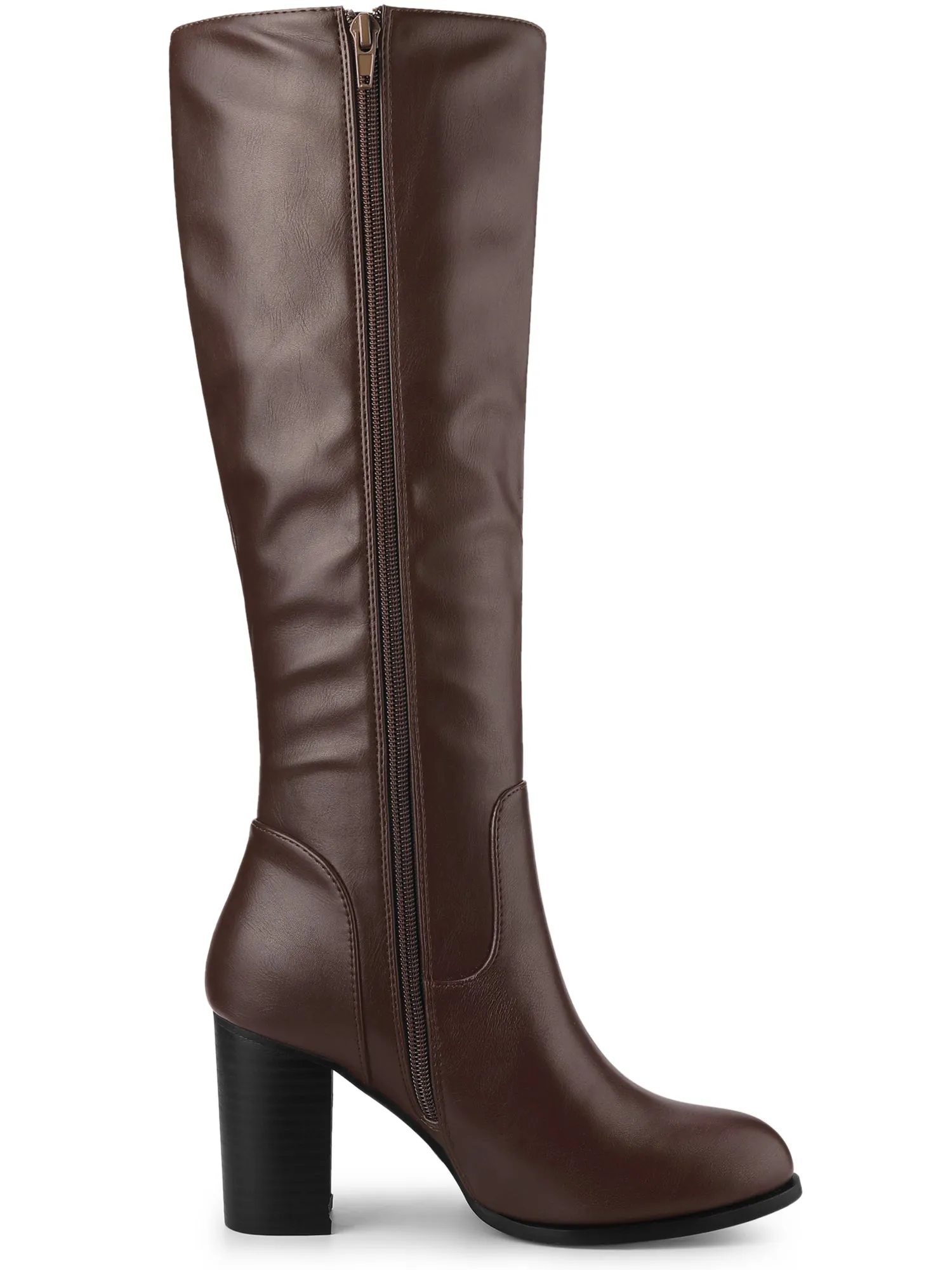 Faux Leather Round Toe Block Heel Knee High Boots