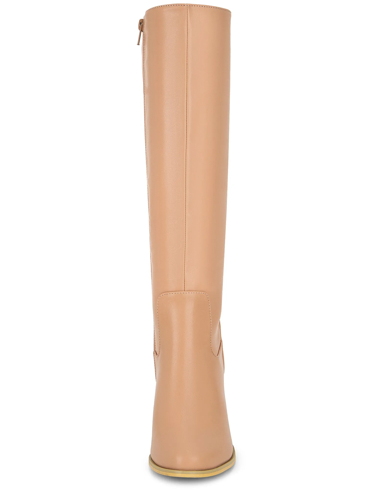 Faux Leather Round Toe Block Heel Knee High Boots