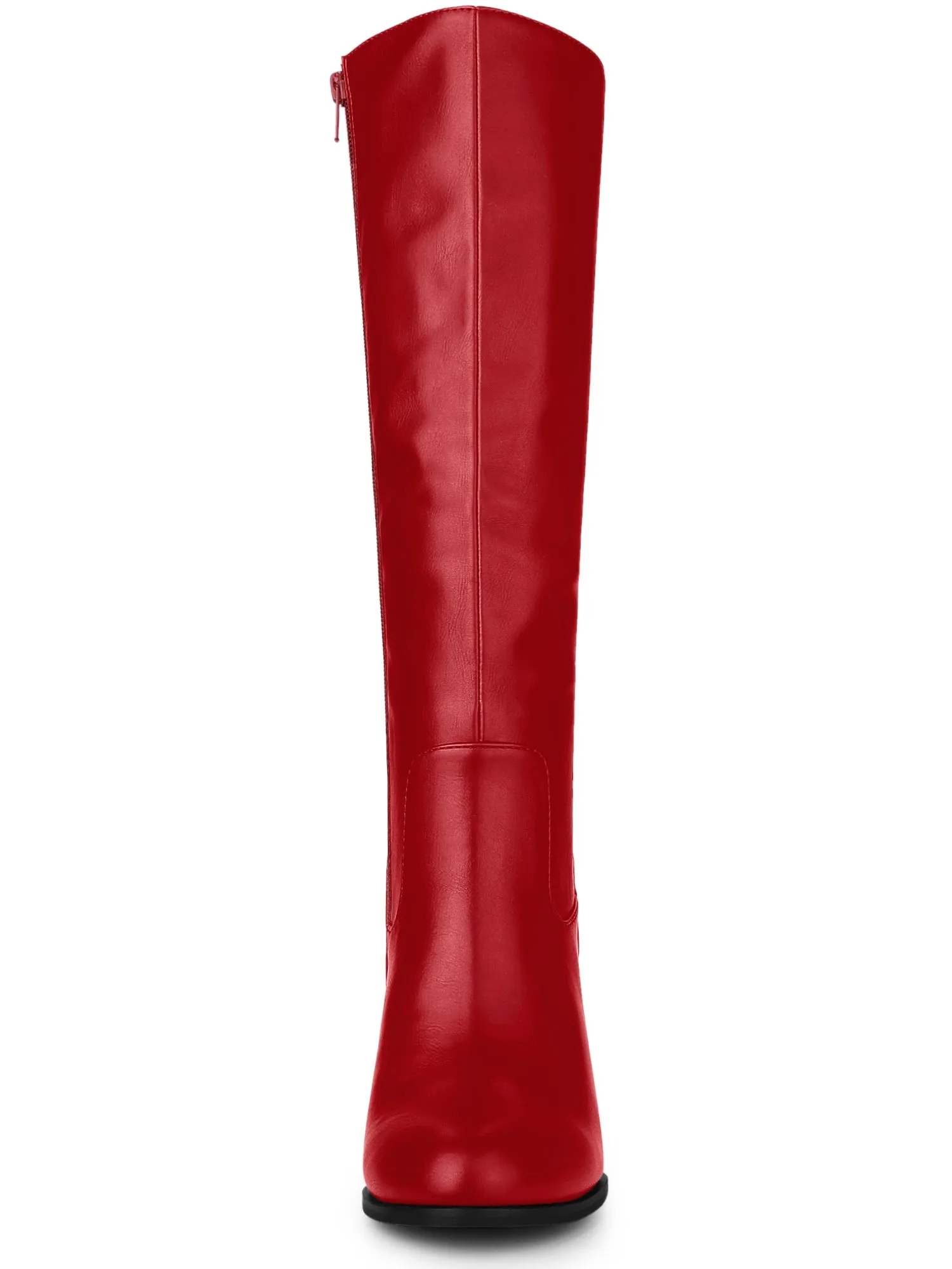 Faux Leather Round Toe Block Heel Knee High Boots
