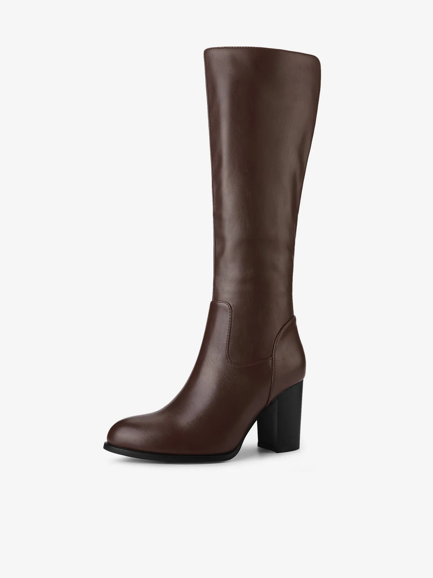 Faux Leather Round Toe Block Heel Knee High Boots