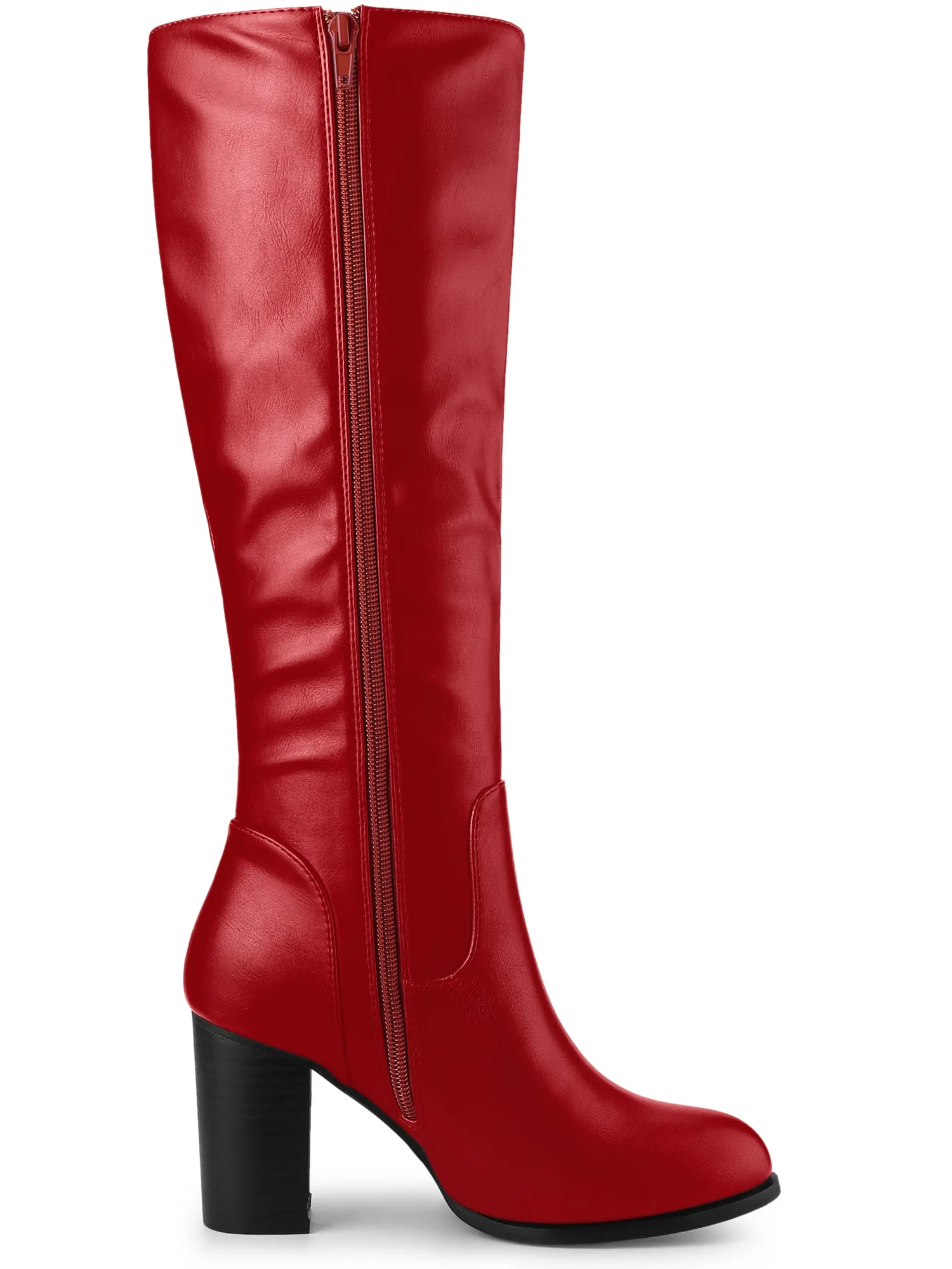 Faux Leather Round Toe Block Heel Knee High Boots