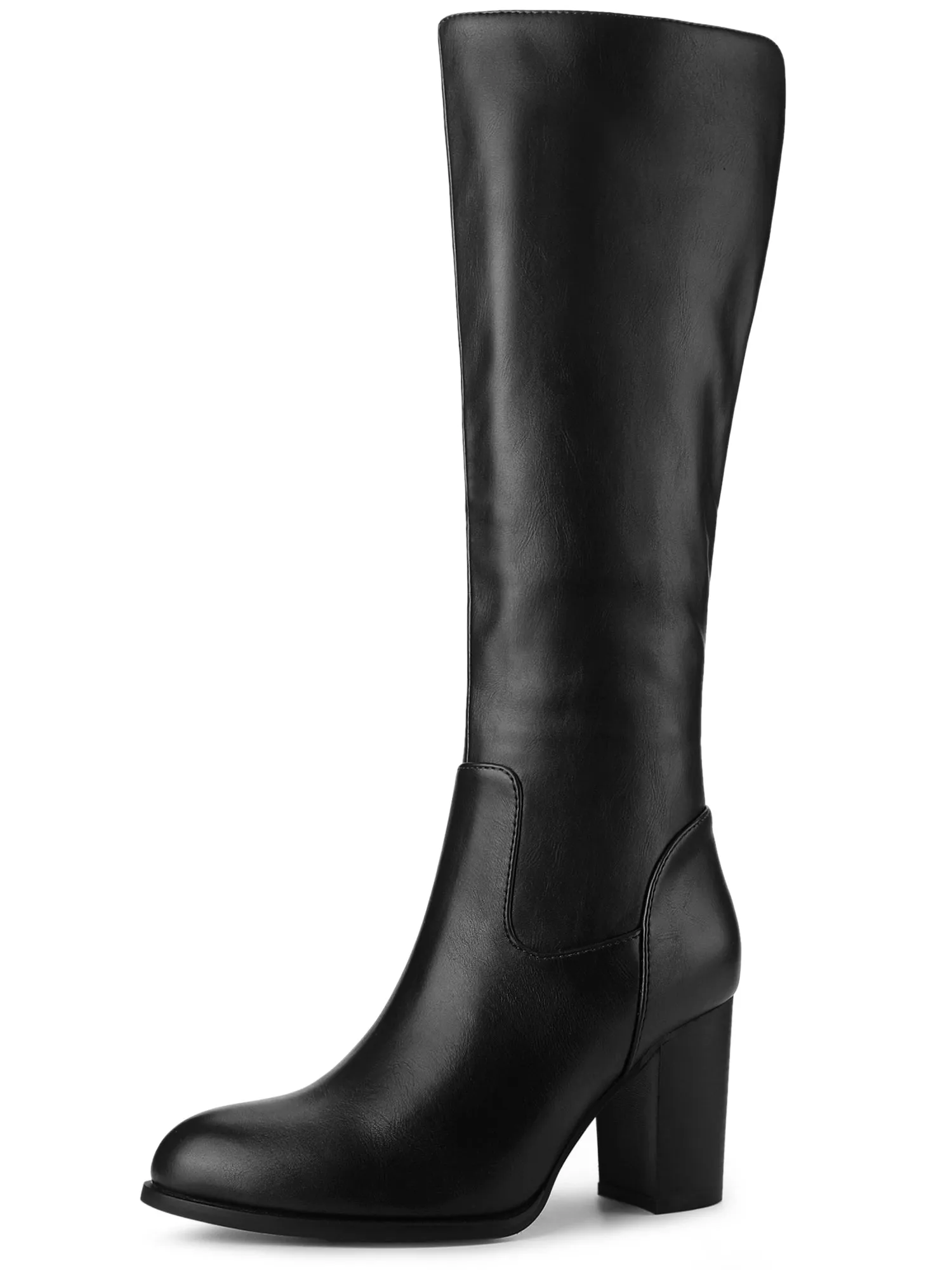 Faux Leather Round Toe Block Heel Knee High Boots