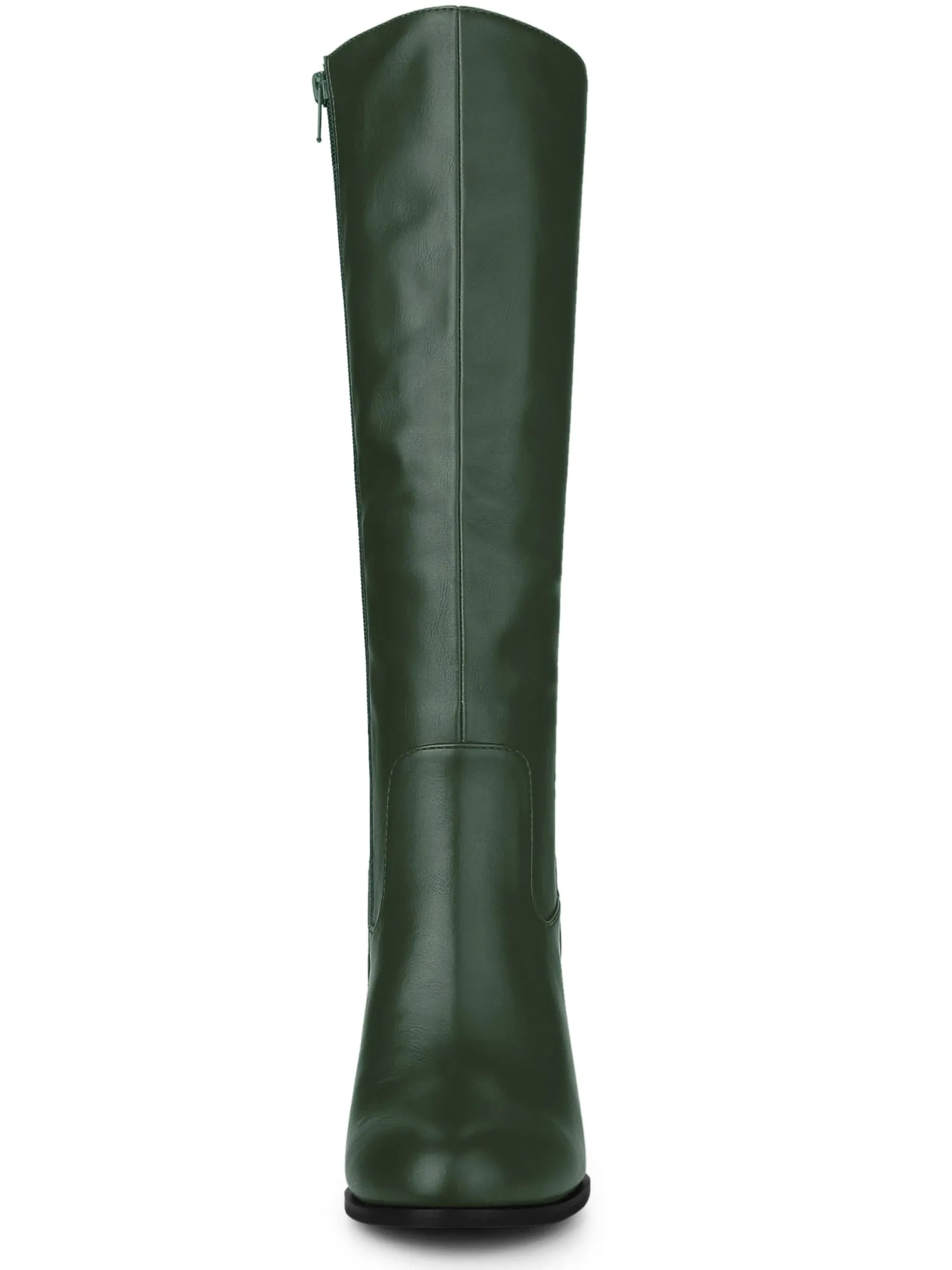 Faux Leather Round Toe Block Heel Knee High Boots