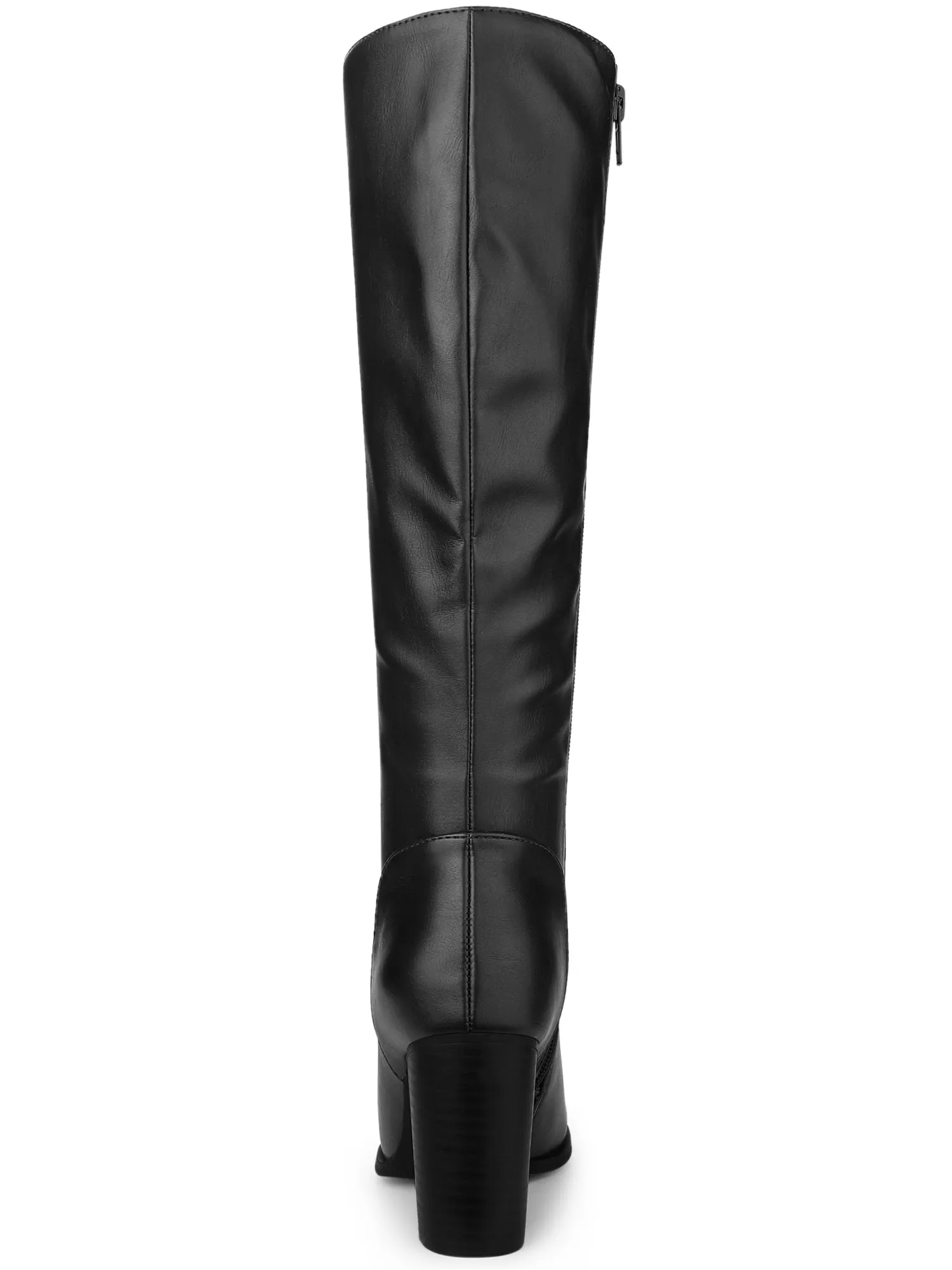 Faux Leather Round Toe Block Heel Knee High Boots