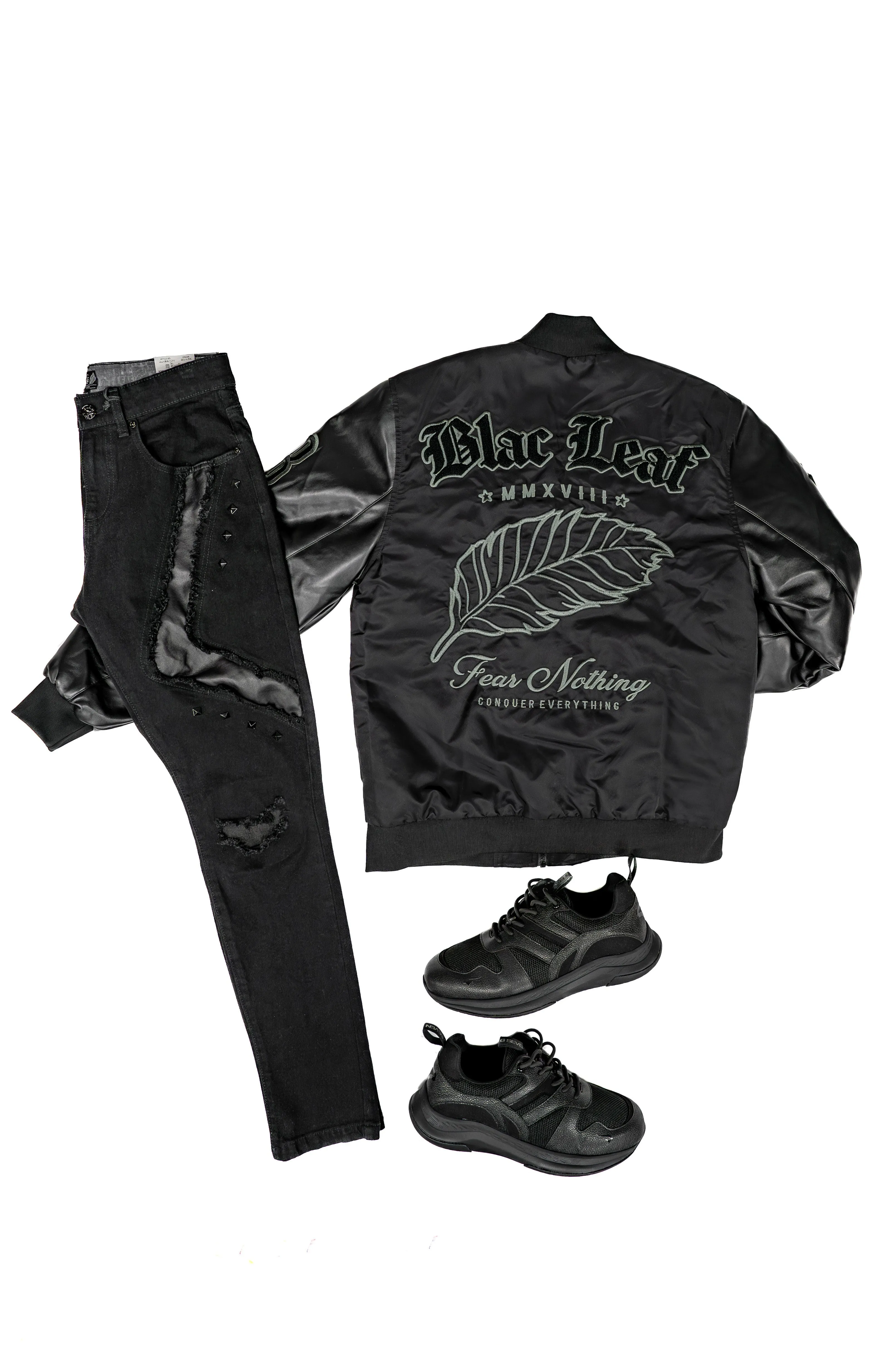 Fear Nothing Bomber Jacket Bundle, Denim Jeans, and G7 X Blac Leaf Dominion Sneakers