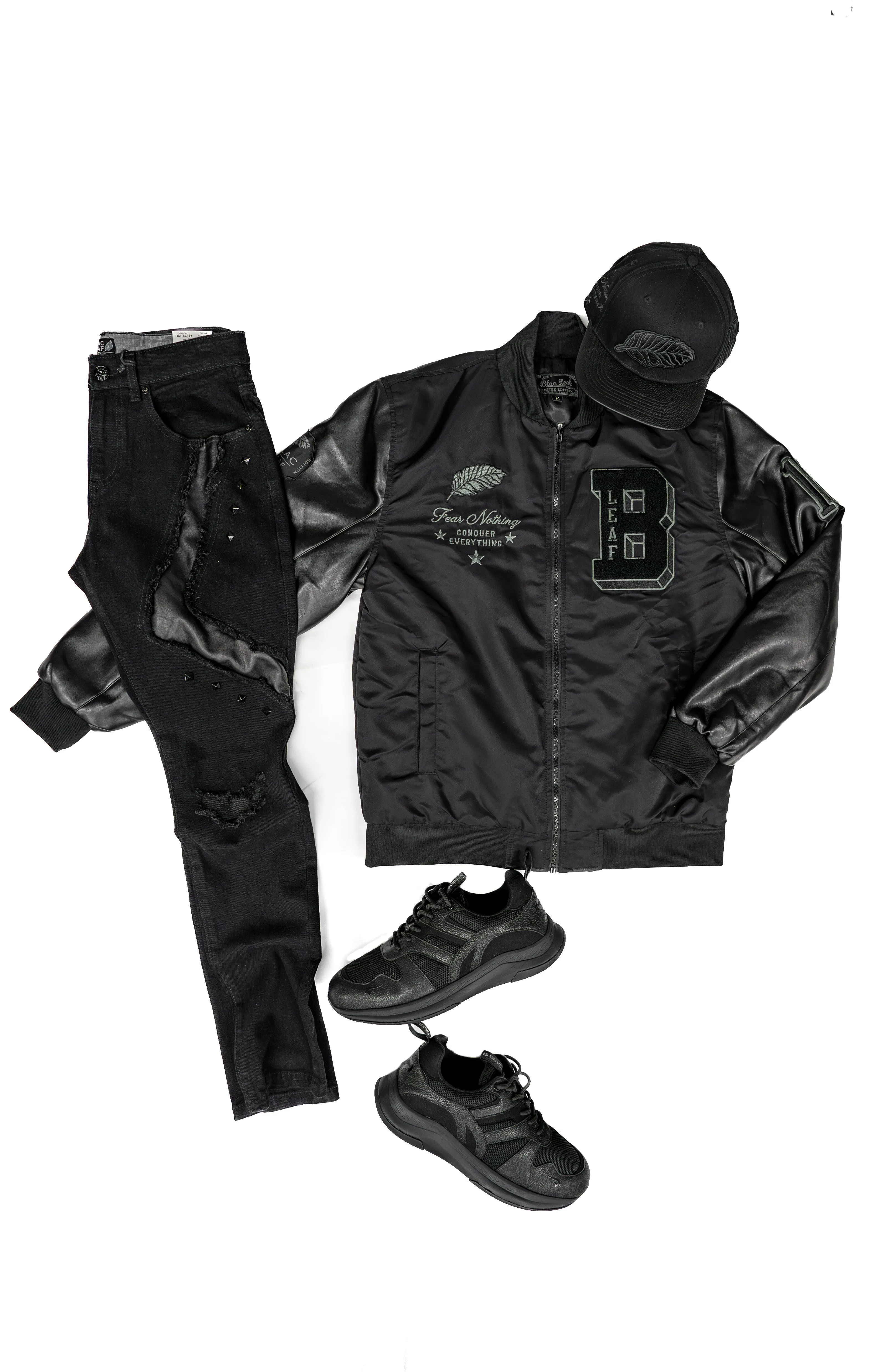 Fear Nothing Bomber Jacket Bundle, Denim Jeans, and G7 X Blac Leaf Dominion Sneakers