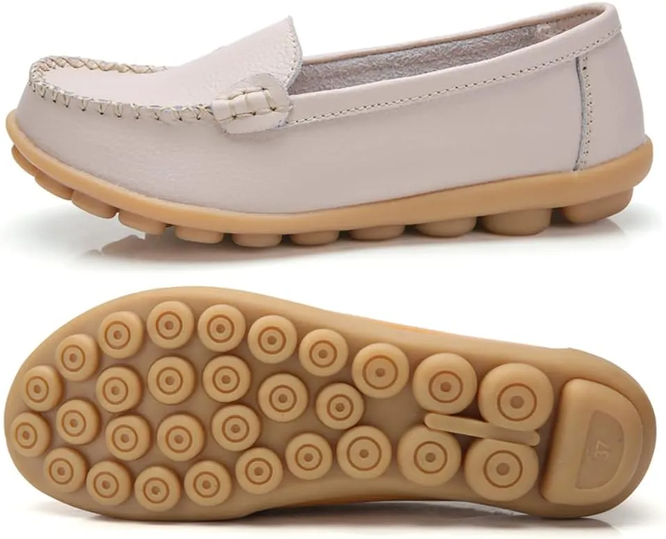 FolHaoth Womens Leather Loafers Comfortable Slip On Flats Casual Shoes Round Toe Moccasins Wild Walking Nurse Breathable Driving Fashion Soft Shoes