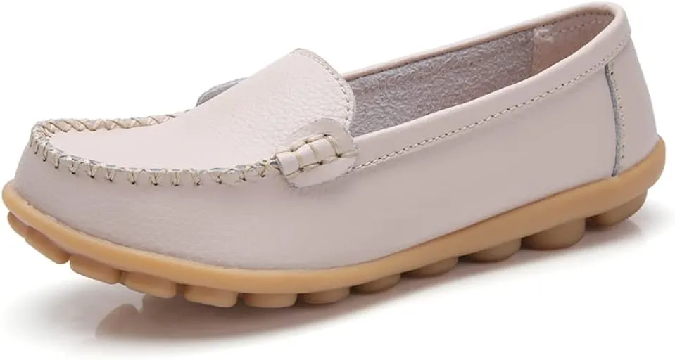 FolHaoth Womens Leather Loafers Comfortable Slip On Flats Casual Shoes Round Toe Moccasins Wild Walking Nurse Breathable Driving Fashion Soft Shoes