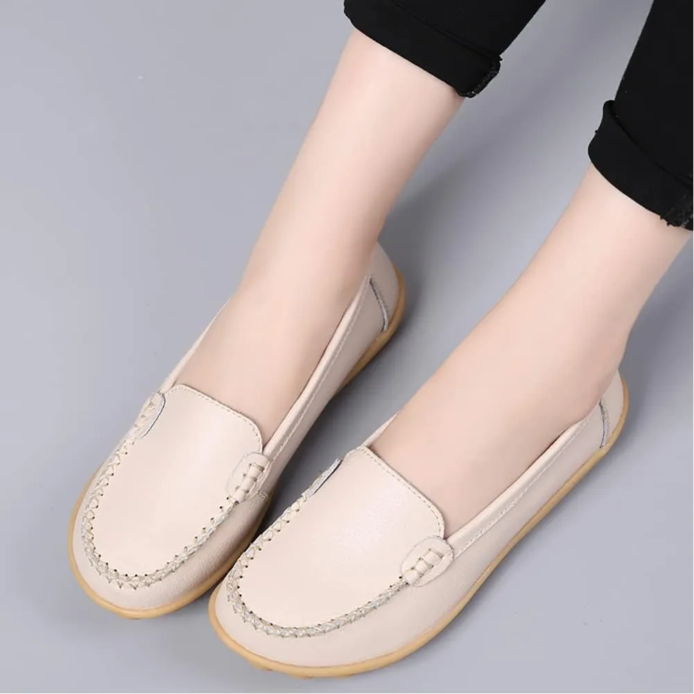 FolHaoth Womens Leather Loafers Comfortable Slip On Flats Casual Shoes Round Toe Moccasins Wild Walking Nurse Breathable Driving Fashion Soft Shoes