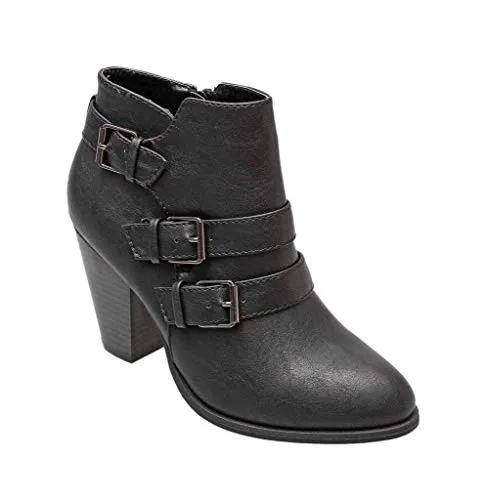 Forever Link Camila-64 Black Fashion Buckle Strap Block Mid Heel Ankle Booties