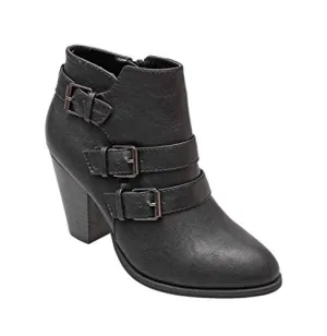 Forever Link Camila-64 Black Fashion Buckle Strap Block Mid Heel Ankle Booties
