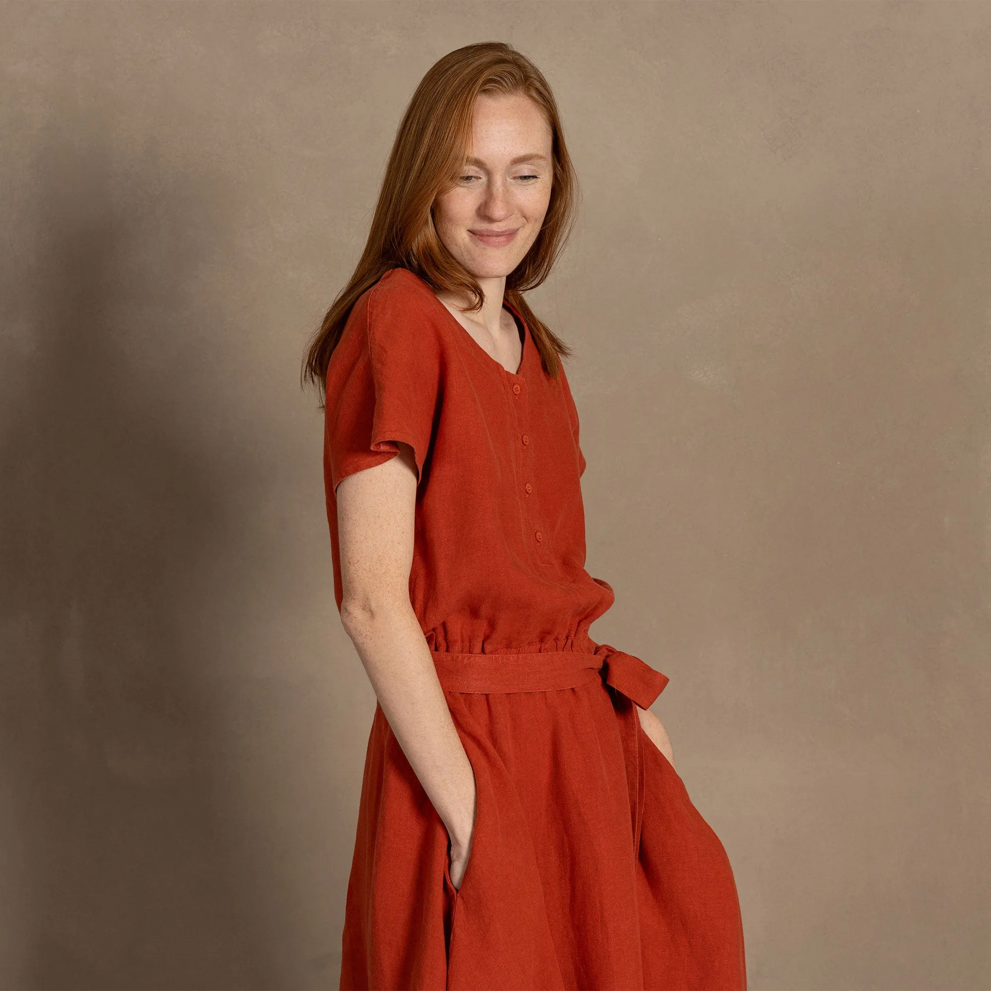 Front Button Dress Brigit Cinnamon Red