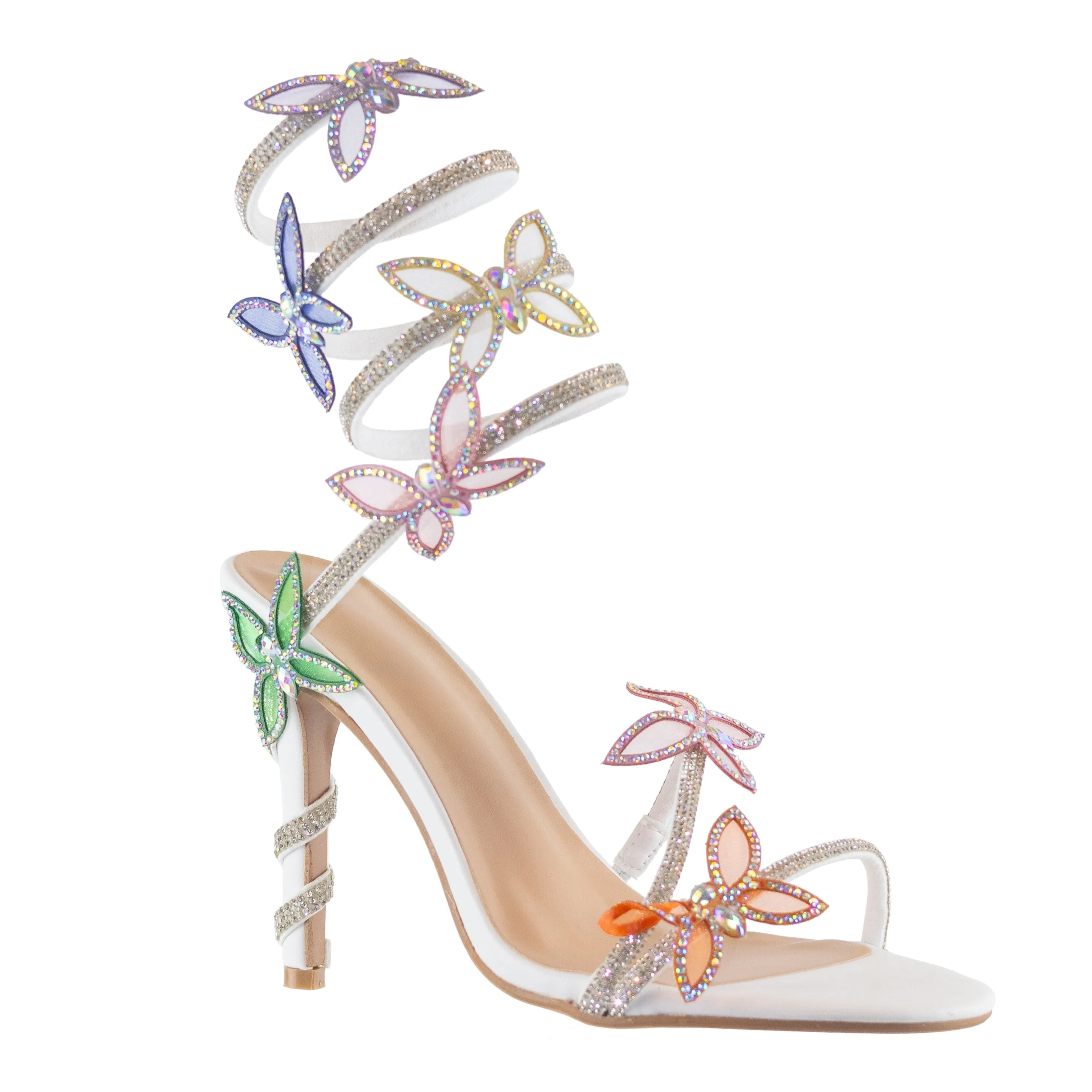 Game - Embellished Rhinestone High Heels, Adjustable Spiral Coil Strap, Rhinestone Butterfly Accents, Glamorous Party Footwear, Eye-Catching Design
