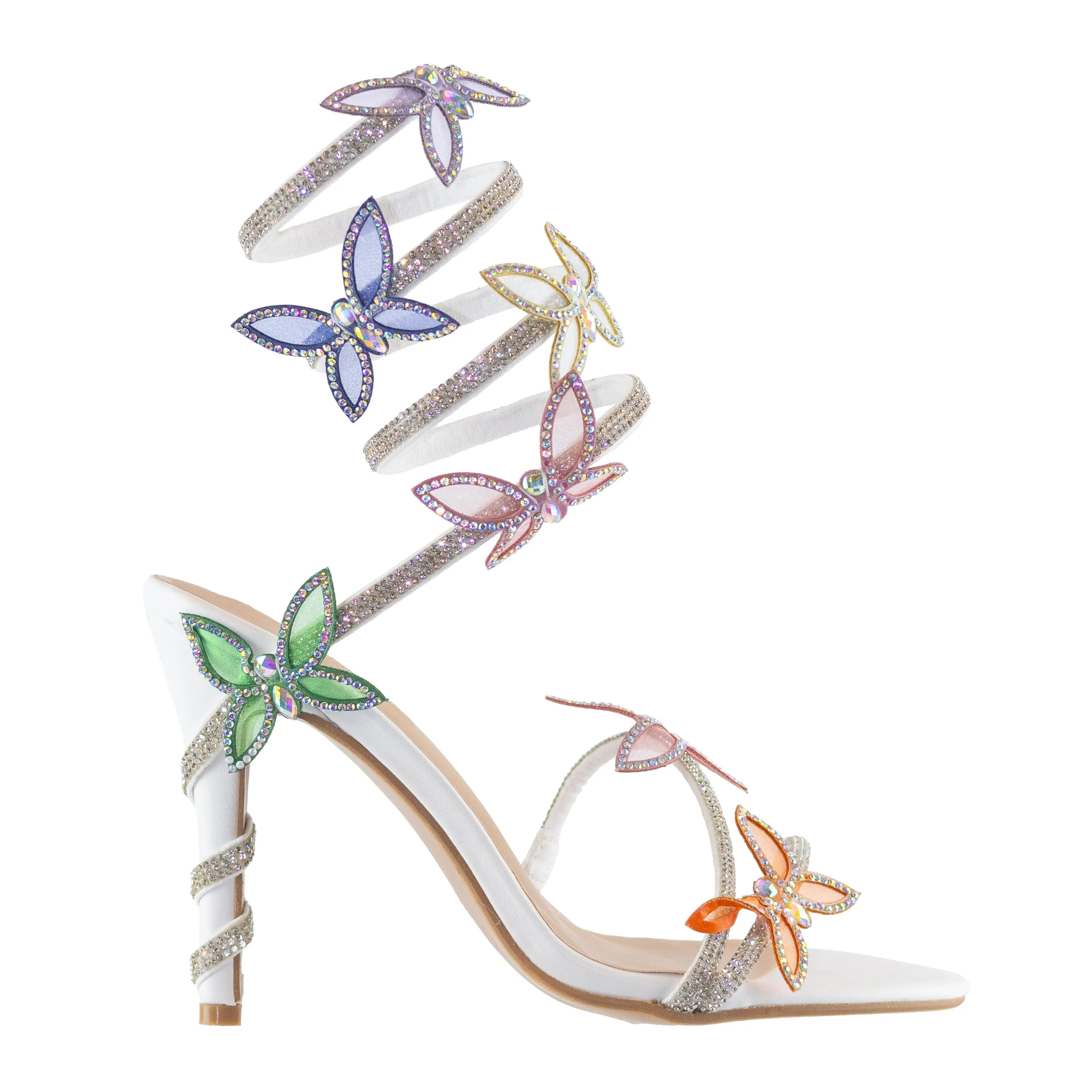 Game - Embellished Rhinestone High Heels, Adjustable Spiral Coil Strap, Rhinestone Butterfly Accents, Glamorous Party Footwear, Eye-Catching Design