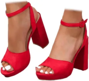Generic Women's Heeled Sandals Block Chunky High Heels Open Toe Ankle Strap Dress Sandals Suede Platforms Wedges Pumps Shoes