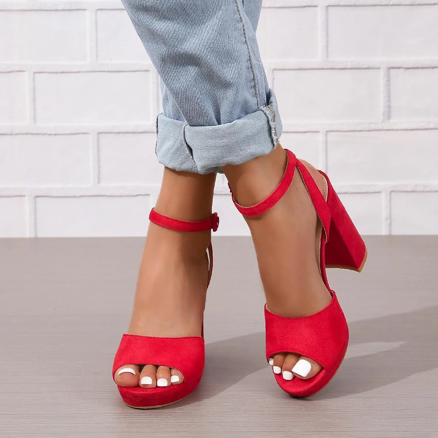 Generic Women's Heeled Sandals Block Chunky High Heels Open Toe Ankle Strap Dress Sandals Suede Platforms Wedges Pumps Shoes